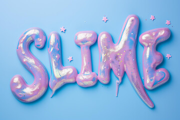  SLIME  inscription made of glitter liquid gel isolated on pastel blue background