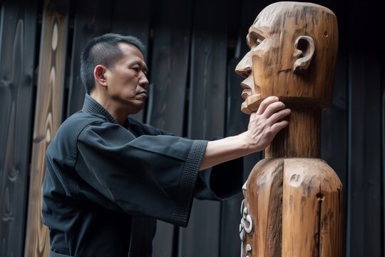 martial artist demonstrating defensive block against wooden dummy
