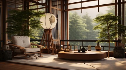 A luxury living room with an Asian-inspired design features bamboo furniture, silk drapes, and a...