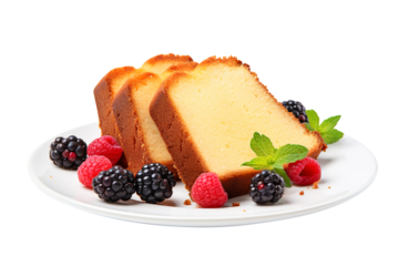 pound cake sliced on a plate served with berries isolated on transparent background Remove png, Clipping Path, pen tool, white
