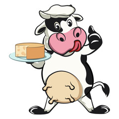 vector isolated clip art illustration of cute cow mascot chef with a big slice of delicious cheese, work of handmade