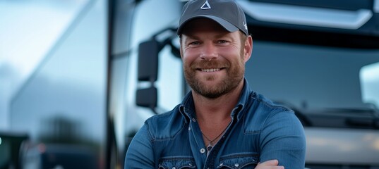 Smiling bearded truck driver with crossed arms in front of truck, hat, copy space for text placement