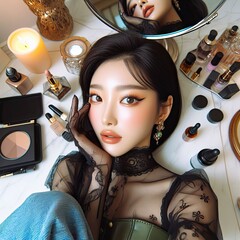 Beautiful Asian Korean K-pop K-drama fashion trending model infulencers promoting cosmetic clothing brands on social media makeup artist calming cute face features girl woman day concept photoshoot
