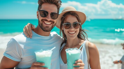 Couple enjoying lava flow cocktails on tropical paradise beach with space for text placement