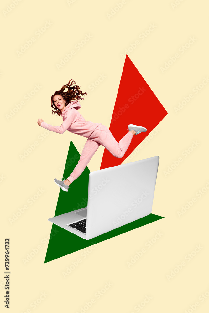 Canvas Prints Vertical creative collage poster young happy girl running fast laptop pc remote worker freelancer internet job drawing background