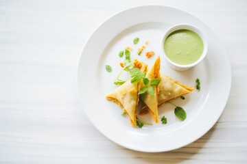 samosas with mint chutney on a white dish