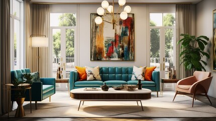 A luxury living room with a retro vibe showcases mid-century modern furniture, vintage artwork, and a statement chandelier