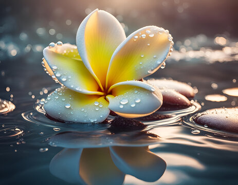 Yellow frangipani flower on the water in sunrise mist, concept for tropical vacation, relax and spa. Beautiful floral digital illustration. CG Artwork Background