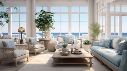 A luxury living room with a coastal design showcases sea-inspired colors, nautical decor, and oversized windows with ocean views