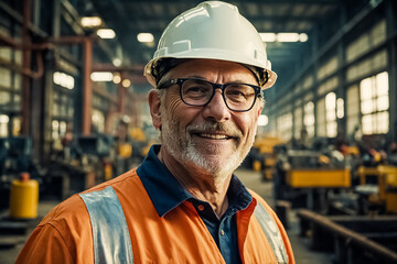Portrait of mature handyman, Engineer Worker in Full Uniform, Protective Glasses, and Hard Hat, Overseeing Operations in a Steel Factory. Concept of Manufacturing, Engineering, and Workplace Safety