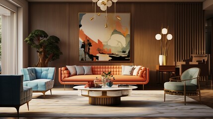 A luxury living room with a retro vibe showcases mid-century modern furniture, vintage artwork, and a statement chandelier