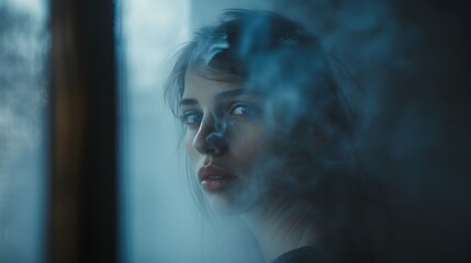 A person staring blankly into a foggy mirror, Blank, Expressionless, Foggy, Reflection, Ultra realistic 8k resolution, DSLR, Portrait lens, Narrow aperture settings, Minimalist Portrait