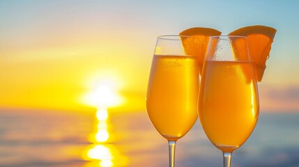 Romantic couple enjoying tequila sunrise cocktails on a stunning beach with space for text placement