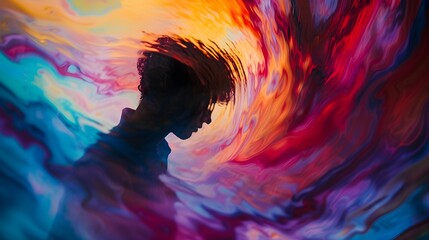 "Colorful Dissolution: Person Fading into Swirling Colors, Ultra Realistic 8K - Digital Camera Zoom Lens Capture"
