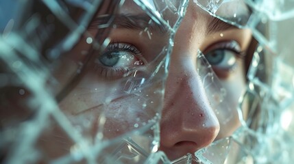 "Distorted Crystal Portrait: Person's Reflection in Cracked Crystal, Ultra Realistic 8K - Mirrorless Camera Portrait Lens Capture"