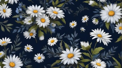 Background of a beautiful romantic flower collection with daisies, leaves, flower bouquets, flower arrangements, beautifully drawn in pencil on a dark blue background