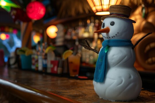 snowman at a tiki bar, with a mocktail on the counter