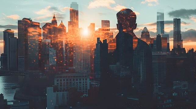Fototapeta "Urban Blend: Person Fading into City Skyline, Ultra Realistic 8K - Mirrorless Camera Zoom Lens Capture"