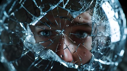 "Distorted Reflection: Person's Face in Cracked Mirror Ball, Ultra Realistic 8K - Digital Camera Portrait Lens Capture"