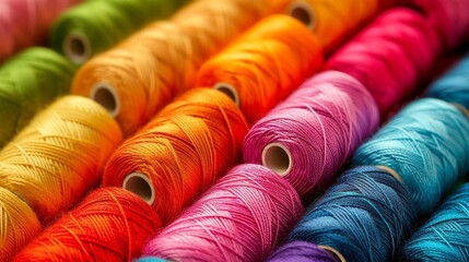 Vibrant cotton threads on tailor fabric background with sewing supplies and tools - obrazy, fototapety, plakaty