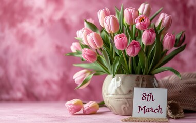 Bouquet of tulips in a vase with congratulations on March 8, International Women's Day