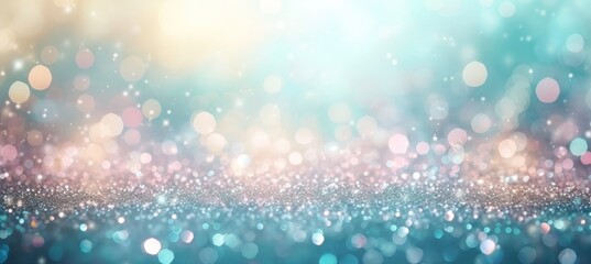 Abstract bokeh background with blurred mint green, peach orange, and white silver colors