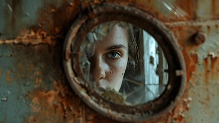 "Vintage Reflection: Person's Face in Rusty Mirror, Ultra Realistic 8K - Mirrorless Camera Prime Lens Capture"