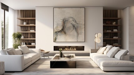A minimalist luxury living room features a serene color palette, contemporary art, and sleek, uncluttered design