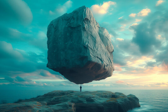 Anxiety, fear, depression. A solitary figure stands beneath a levitating boulder of rock in a desolate landscape, a metaphor for the threat of mental health issues.