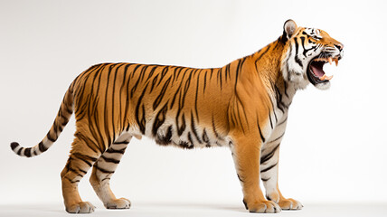 Fototapeta premium Side view, profile of a agressive tiger standing isolated on white.