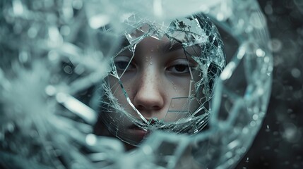 "Mystical Portrait: Person's Reflection in Shattered Crystal Ball, Ultra Realistic 8K - DSLR Portrait Lens Capture"