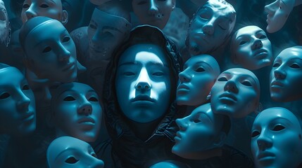 "Identity Deception: Person Surrounded by Floating Masks, Ultra Realistic 8K - DSLR Standard Lens Capture"