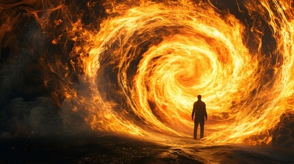 "Vanishing Flames: Person Dissolving into Fire Swirl, Ultra Realistic 8K - DSLR Zoom Lens Capture"