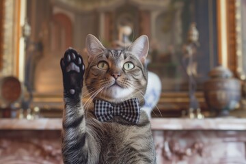cat with a bow tie, paw up, in an elegant interior setting
