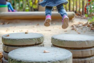 child leaping from one stepping stone to another - obrazy, fototapety, plakaty