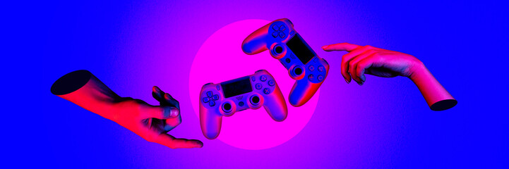 Two hands reaching towards floating game controllers against gradient neon background. Streaming banner. Gaming industry. Concept of gaming culture, online gaming, streaming