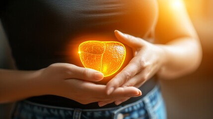Doctor analyzing liver x ray holographic scan on blurred background with text space