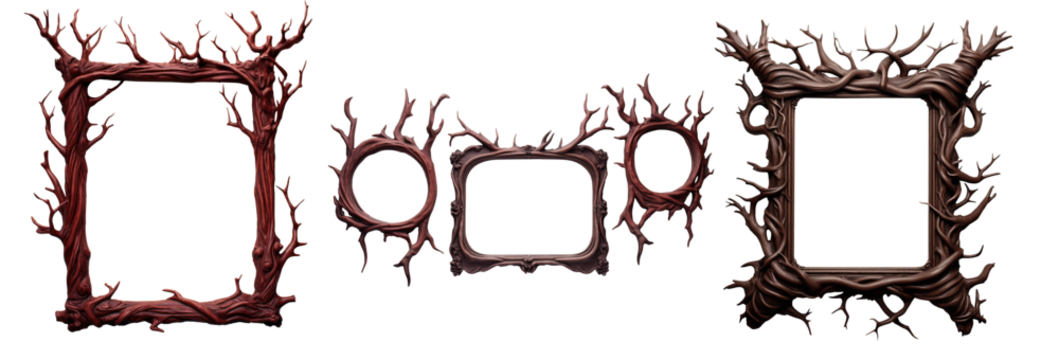 branch frame, wood frame, in the style of dark surrealism. Set of wood frame .Isolated cutout on transparent background.