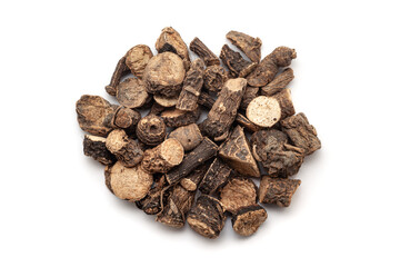 A pile of Dry Organic Golden eye grass or Black Musli (Curculigo orchioides) herb, isolated on a white background. Top view