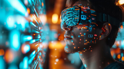 The idea of interaction between artificial intelligence and humans, a man in virtual reality glasses programs systems, the concept of human-computer integration