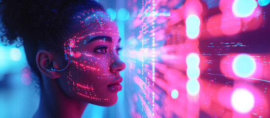 A banner with a beautiful girl programmer in pink neon light and the reflection of lights on her face and surrounded by data coming from the Internet, integration of artificial intelligence