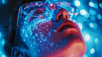 Close-up portrait of a data analyst or programmer in neon light from a computer, with a projection of light from the monitor, concept of integration of artificial intelligence and man