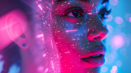 Head of a woman big data analyst or programmer in neon light from a computer, with a projection of light from the monitor, concept of integration of artificial intelligence and man