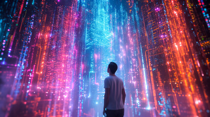 Poster with a man against the backdrop of neon data pillars going into the sky, working with big data, programming and training artificial intelligence