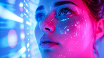 Communication between artificial intelligence and humans, a girl big data analyst in neon light from a computer, with a projection of light from monitor and icons of events and meetings, poster idea