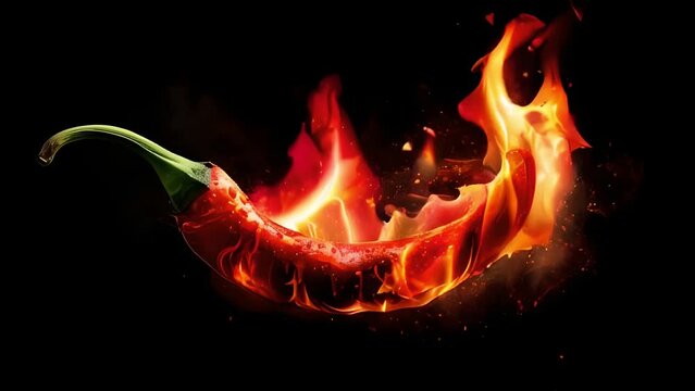A flaming hot red chilli pepper on fire. Burning hot spicy chilli food