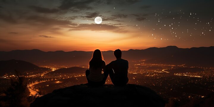 silhouette rear view of a heterosexual couple sitting on top of a mountain making a silhouetted heart shape sign with their hands against the background of moon and stars over the city