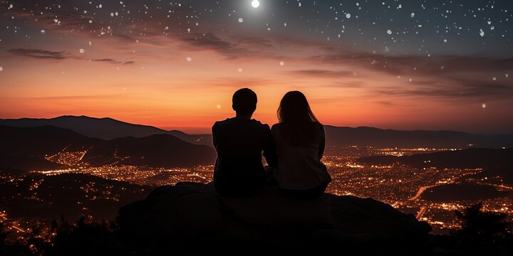 silhouette rear view of a heterosexual couple sitting on top of a mountain making a silhouetted heart shape sign with their hands against the background of moon and stars over the city