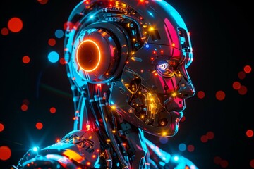 image of robot male model with neon lights and with neural network thinks while digital brain processing big data and standing against black background - obrazy, fototapety, plakaty