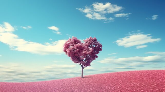 Pink heart tree and pink field under heart shape opening sky to the night landscape, Valentines day card.